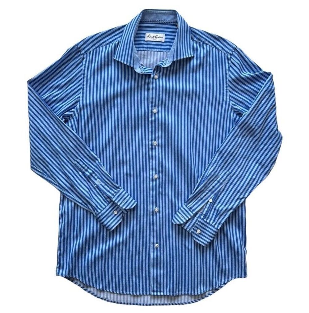 Robert Graham Men's Shirt 16.5 42 Blue White Stripe Button Down Long Sleeve